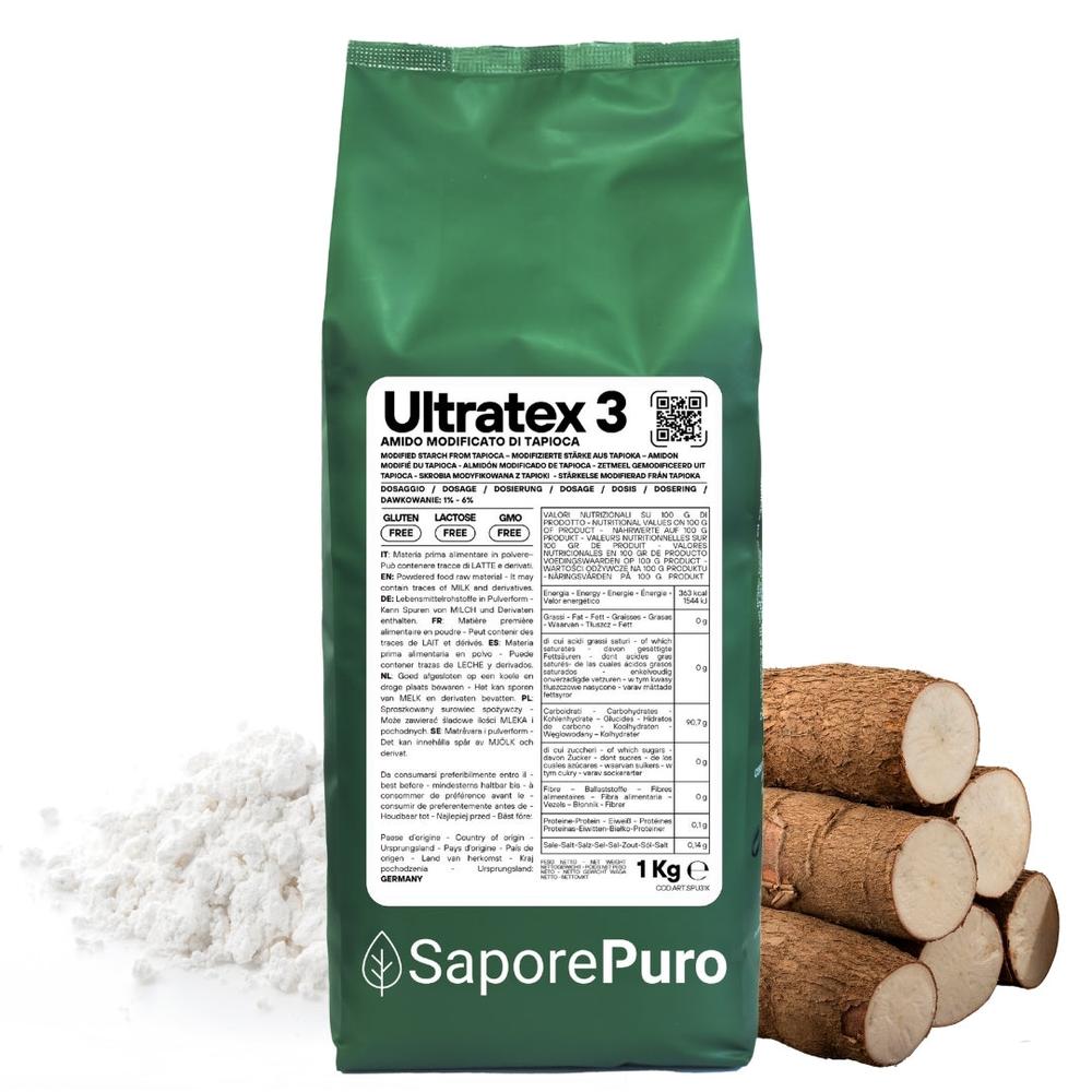 Box of SaporePuro ULTRATEX 3 modified tapioca starch for hot and cold use, showing the product packaging and label.